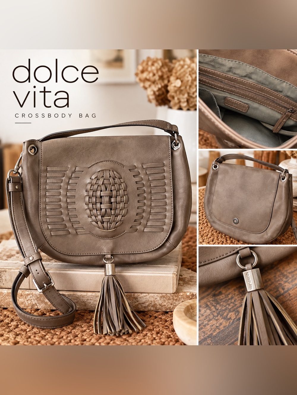 Dolce Vita Taupe Woven Tassel Crossbody Shoulder Bag